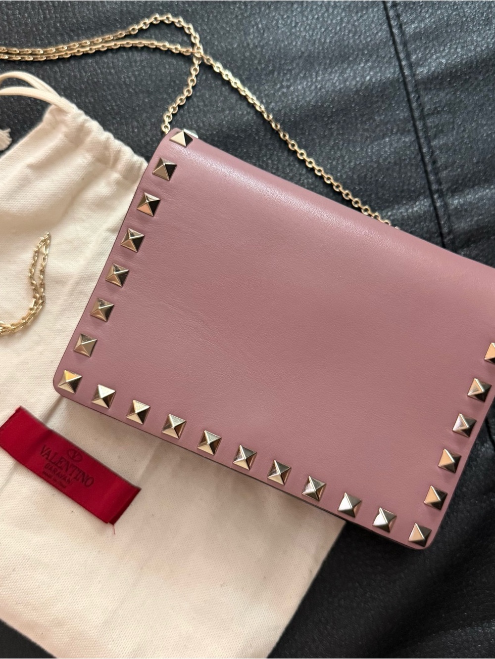 Valentino Garavani Pink Rockstud Crossbody Bag with Gold Chain